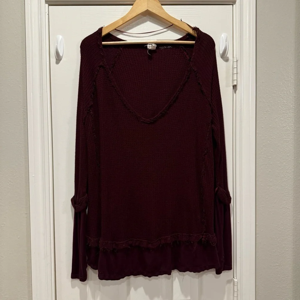 Free People We The Free Waffle Knit Tunic Women’s Med Burgundy Oversized FLAW - Picture 2 of 14